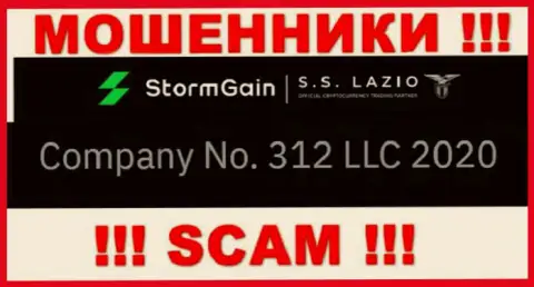 Регистрационный номер StormGain Com, взятый с их официального web-ресурса - 312 LLC 2020