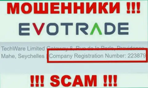 Не стоит совместно сотрудничать с организацией EvoTrade, даже и при наличии регистрационного номера: 223879
