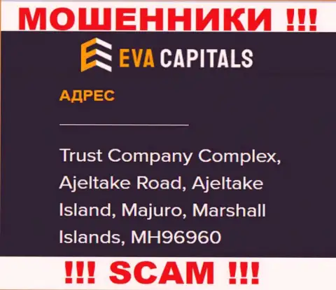 На сайте Eva Capitals приведен офшорный адрес организации - Trust Company Complex, Ajeltake Road, Ajeltake Island, Majuro, Marshall Islands, MH96960, будьте очень внимательны - это кидалы