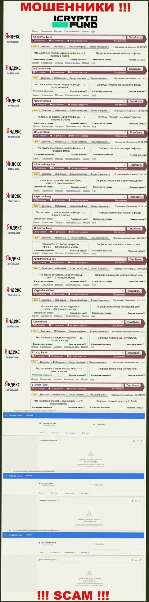 Скриншот результатов online запросов по противозаконно действующей организации Ай Крипто Фонд
