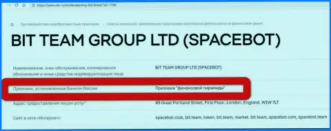 Bit Team (Space Bot Ltd) признаны были Центральным Банком РФ финансовой пирамидой